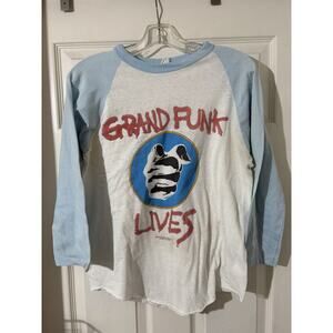 Vtg Grand Funk Railroad Love Raglan Shirt 80s Sz L 3/4 Sleeve Blue Rock